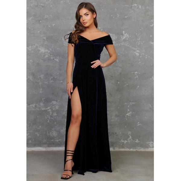 Navy Blue Dress Velvet Dress, Bridesmaid Dress, Evening Dress, Slit Dress, Wedding Guest Dress, Velvet Long Dress, Reception Dress