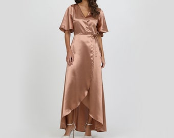 Satin Dress, Wrap Dress, Cappuccino Dress, Bridesmaid Dress, Formal Dress, Wedding Guest Dress, Evening Gown, Long Satin Dress