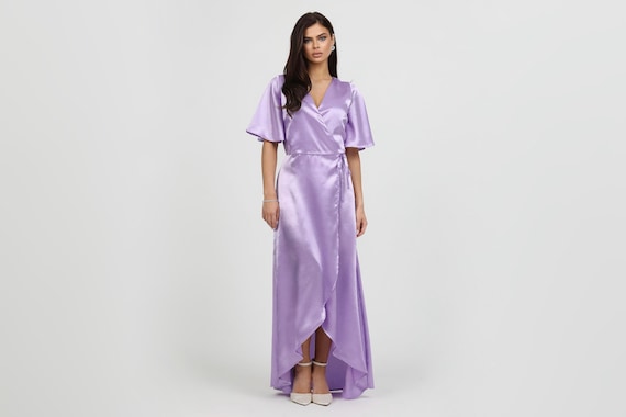 short sleeve wrap dress in satin back crepe Bridesmaid Dress Satin, Wrap Dress, Lilac Dress, Wedding Guest Dress, Satin  Evening Dress, Long Satin Dress, Crepe Back Satin Dress