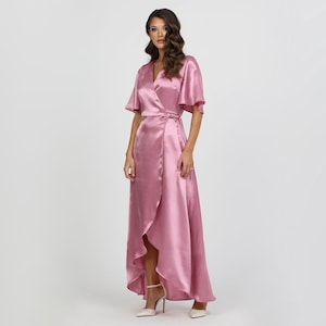 Satin Dress, Wrap Dress, Dusty Rose Dress, Bridesmaid Dress, Wedding Guest Dress, Maxi Dress, Long Satin Dress, Crepe Back Satin Dress