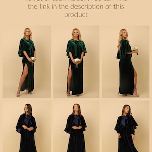 May include: Three models are wearing velvet capes in different colours. The first two models are wearing a green velvet cape with a slit up the side of the skirt. The third model is wearing a navy blue velvet cape with a bow at the neck. All three capes have a ruffled trim.