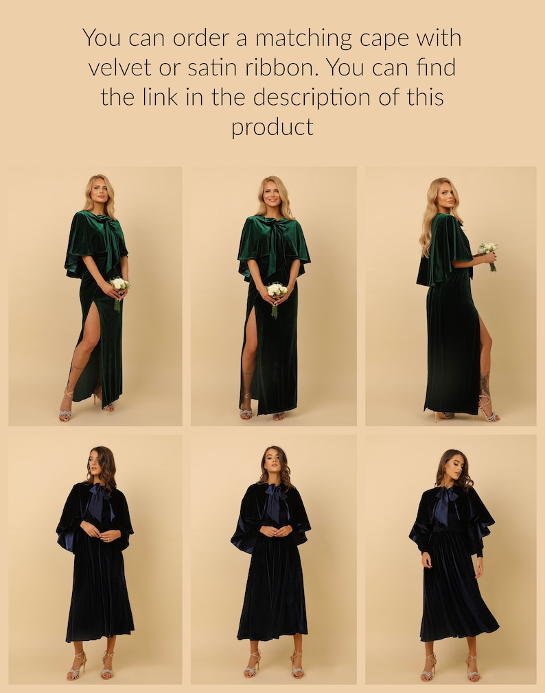 May include: Three models are wearing velvet capes in different colours. The first two models are wearing a green velvet cape with a slit up the side of the skirt. The third model is wearing a navy blue velvet cape with a bow at the neck. All three capes have a ruffled trim.