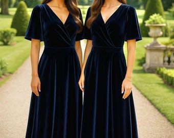 Abito lungo da damigella in velluto blu navy, abito a portafoglio con scollo a V e maniche corte, abito da sera, abito da invitata a nozze