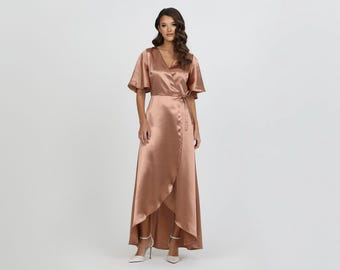Cappuccino Crepe Back Satin Wrap Dress, Formal Gown