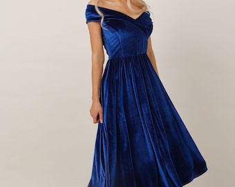 Velvet Dress Royal Blue Midi Dress, Evening Dress, Wedding Guest Dress, Cocktail Dress, Party Dress, Bridesmaid Dress, Elegant Dress