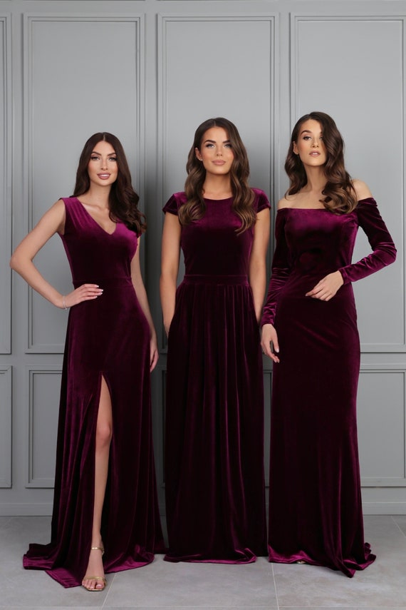 Stunning Dark Purple Pleated Split Long Gowns Deep V-neck See Thru Full  Sleeves A-line