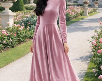 Pink Semi Formal Velvet Dress, Midi Dress for Wedding Guest, Long Sleeve Elegant Dress