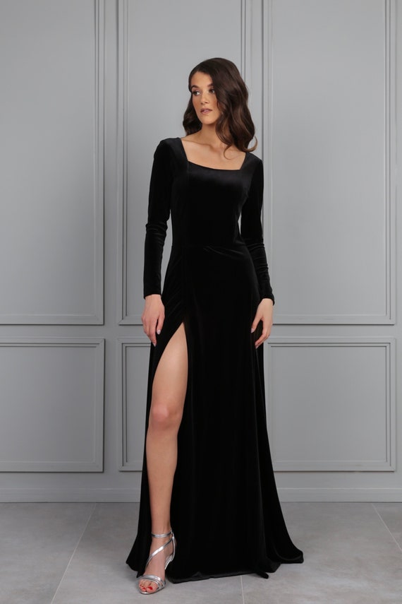 Exclusive Winter Collection Black Velvet Emboss Print Full Sleeves Long  Designer Gown For Women - RJ Fashion
