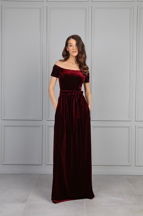 Dark Burgundy Bridesmaid Velvet Dress 