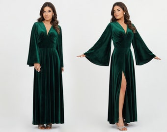 Dark Emerald Green Velvet Dress, Bridesmaid Dress, Evening Dress, Flare Sleeve Dress, Wedding Guest Dress, Velvet Long Dress