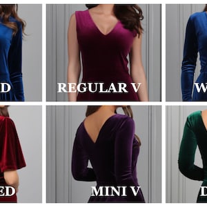May include: Six different necklines for a velvet dress. The necklines are: Round, Regular V, Wrap V, Closed, Mini V, and Deep V.