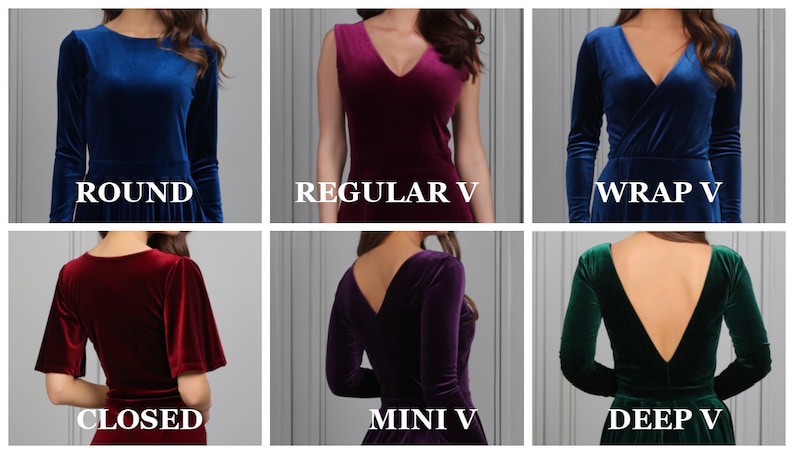 May include: Six different necklines for a velvet dress. The necklines are: Round, Regular V, Wrap V, Closed, Mini V, and Deep V.
