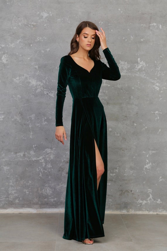 Dark Emerald Green Wedding Dress, Wedding Guest Dress, Formal Dress,  Sweetheart Neckline Dress, Evening Gown, Velvet Long Dress