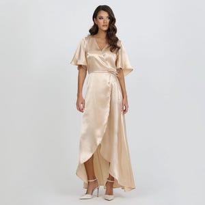 Satin Dress, Wrap Dress, Beige Dress, Bridesmaid Dress, Formal Dress, Wedding Guest Dress, Long Satin Dress, Crepe Back Satin Dress