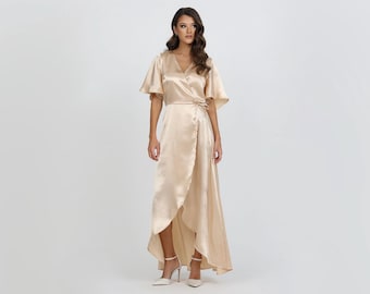 Beige Crepe Back Satin Wrap Dress, Formal Gown