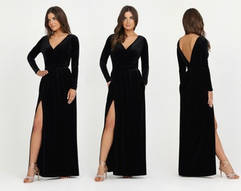 Black Velvet Dress, Bridesmaid Dress, Wedding Guest Dress, Low Back Dress, Evening Dress, Velvet Long Dress, Formal Dress, Slit Dress,