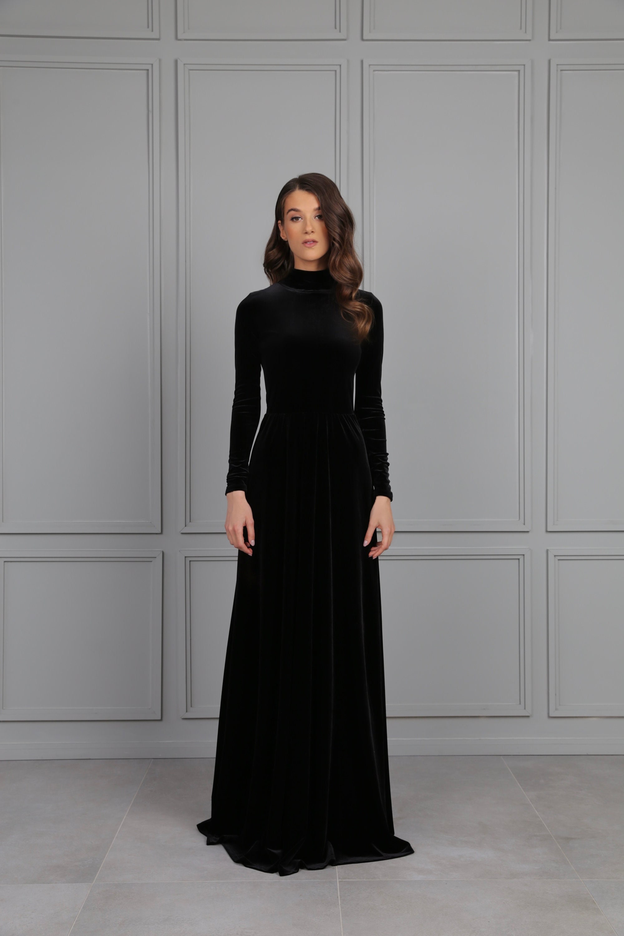 Black Bridesmaid Velvet Dress High Quality Fabric Dress Gown Dress High Neck Open Round Back Long Sleeves