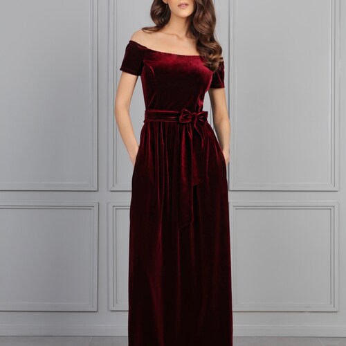 Dark Burgundy Bridesmaid Velvet Dress High Quality Fabric Dress Maxi Gown  Dress Wrap V Neck Deep V Open Back Long Sleeves High Slit - Etsy