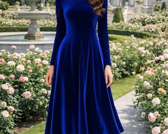 Royal Blue Velvet Midi Dress for Wedding Guest, Long Sleeve Elegant Semi Formal Velvet Dress, Classic Vintage Style