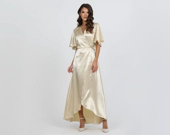 Champagne Satin Wrap Dress, Crepe Back, Formal Gown