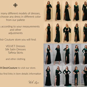 May include: A collection of 20 green velvet dresses with different necklines, sleeves, and silhouettes. The dresses have a side slit and are shown on models against a beige background. The text "CLICK DesirCouture to visit our store." is at the bottom of the image.
