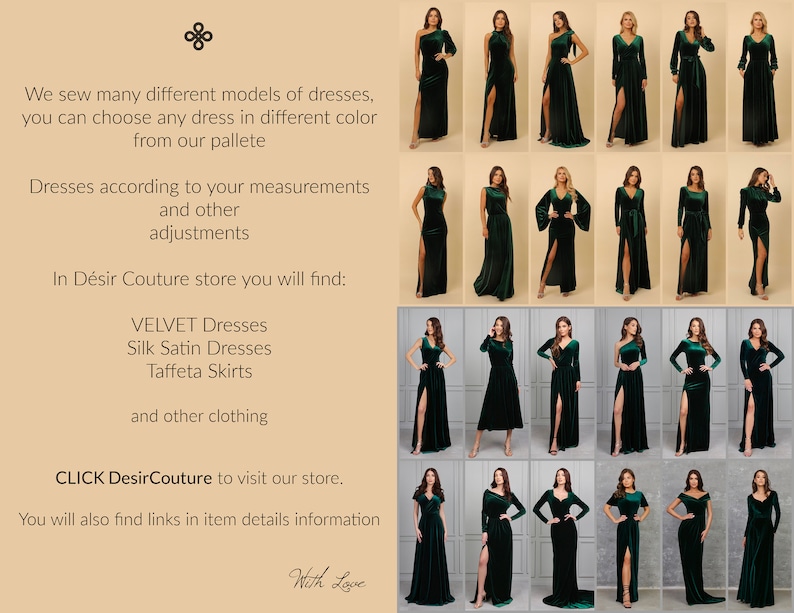 May include: A collection of 20 green velvet dresses with different necklines, sleeves, and silhouettes. The dresses have a side slit and are shown on models against a beige background. The text "CLICK DesirCouture to visit our store." is at the bottom of the image.