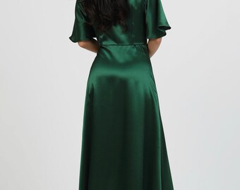 Dark Green Bridesmaid Dress, Satin Wrap Dress, Wedding Guest Dress, Satin  Evening Dress, Long Satin Dress, Crepe Back Satin Dress - Etsy Israel