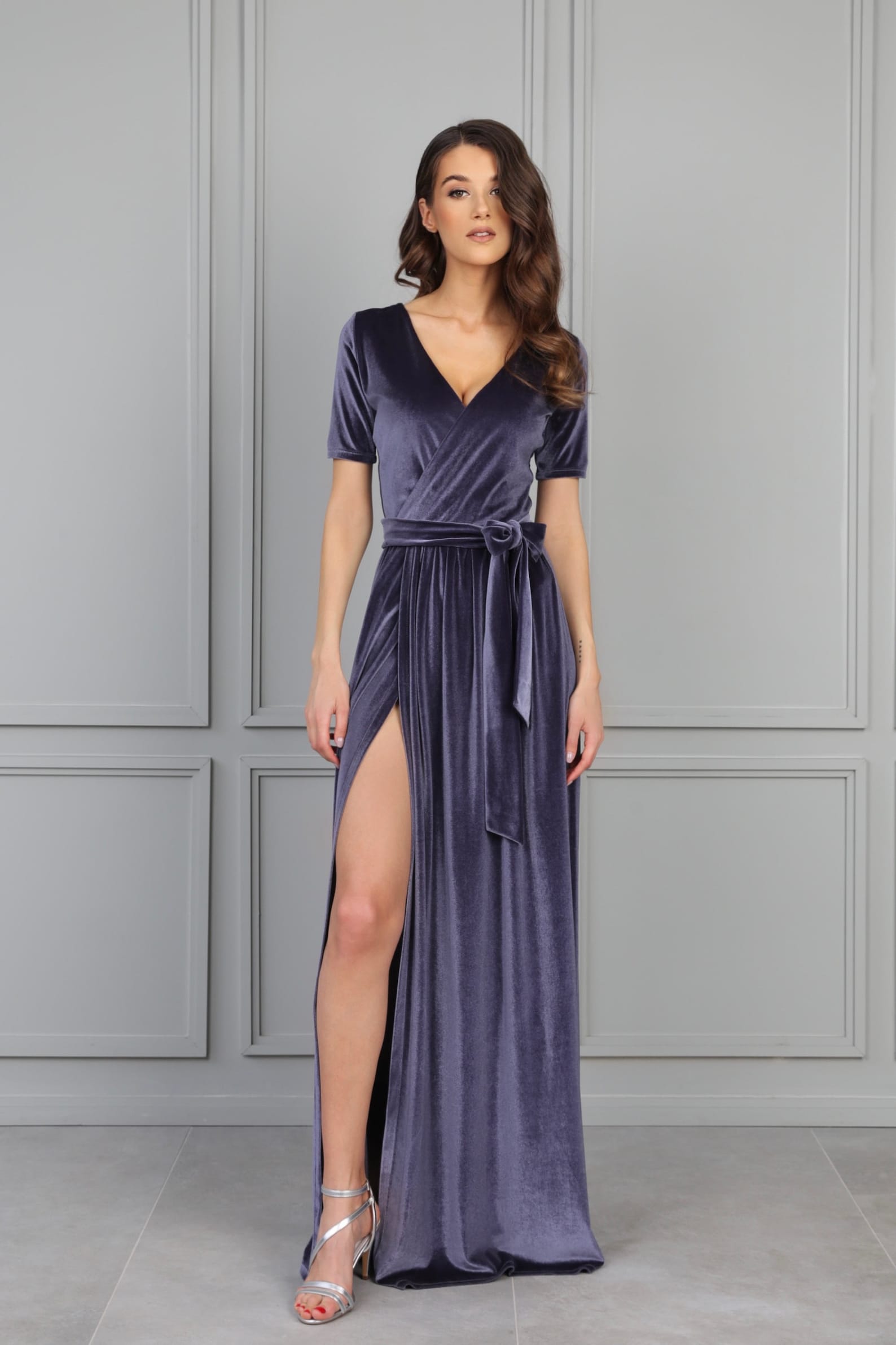 Bridesmaid Velvet Dress Gray High Quality Fabric Dress Gown Etsy