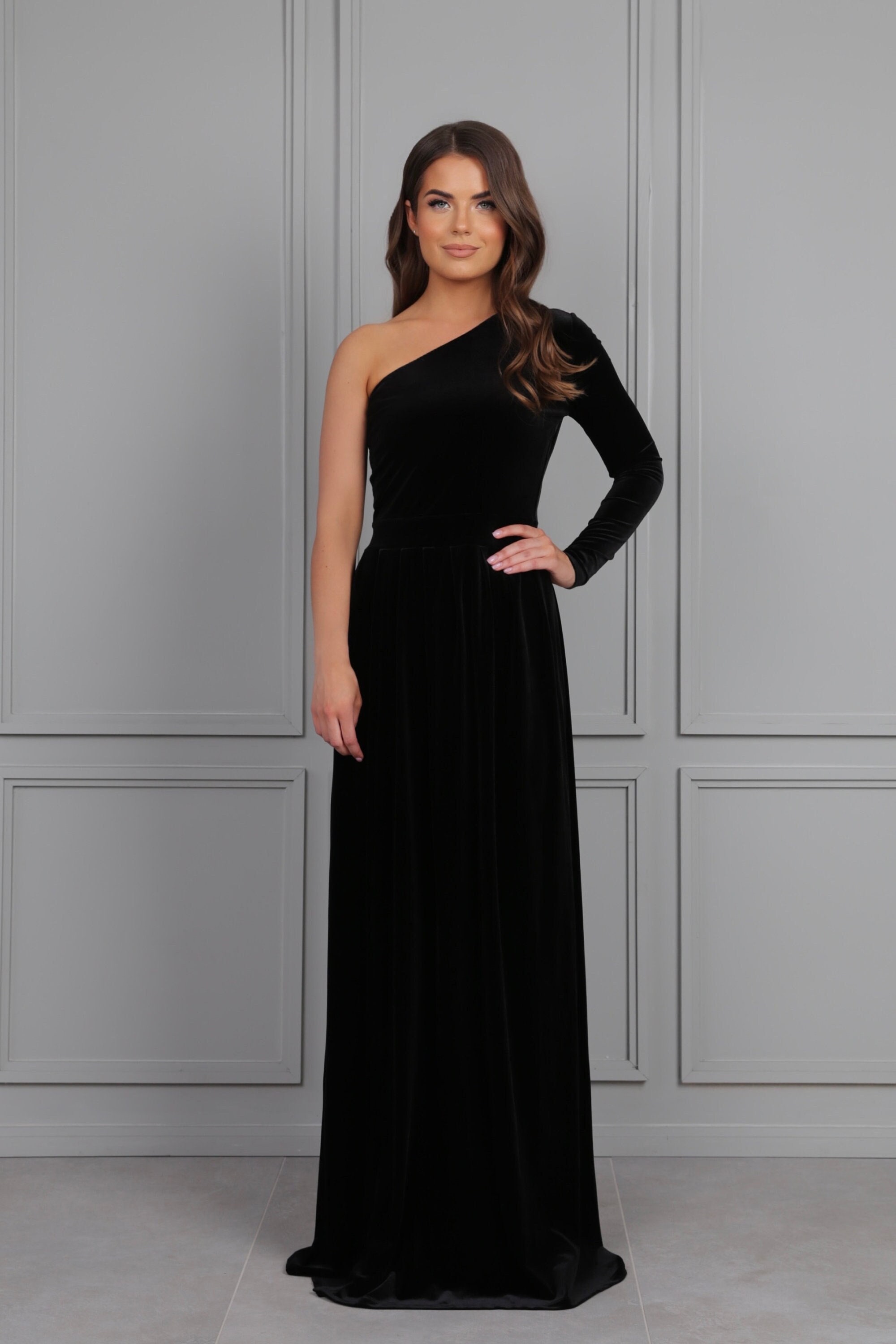 one shoulder long sleeve bridesmaid dress Long Sleeve One Shoulder Prom Dress Lace With Split
