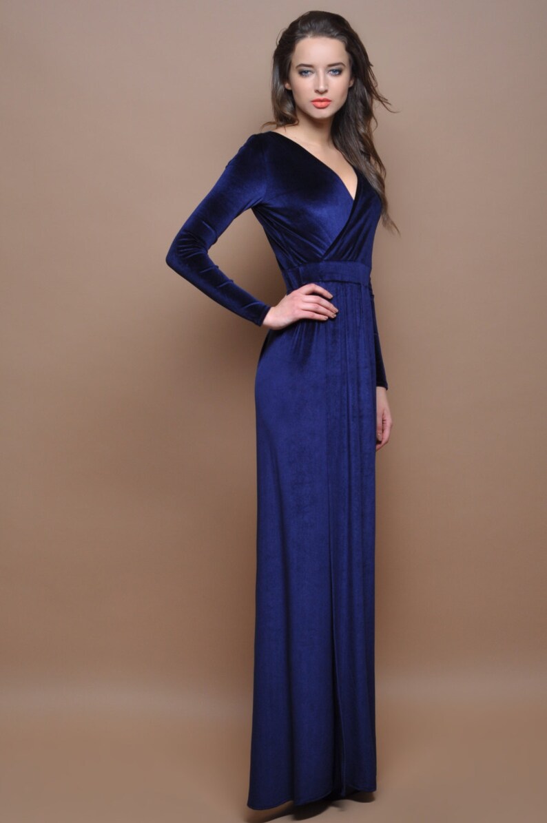 Navy Blue Velvet Maxi Dress Wrap Neckline Slit Long Sleeves | Etsy