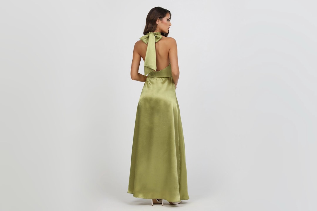 Halter Dress, Satin Dress, Olive Green Bridesmaid Dress, Wedding Guest Dress,  Backless Dress, Long Satin Dress, Crepe Back Satin Dress - Etsy