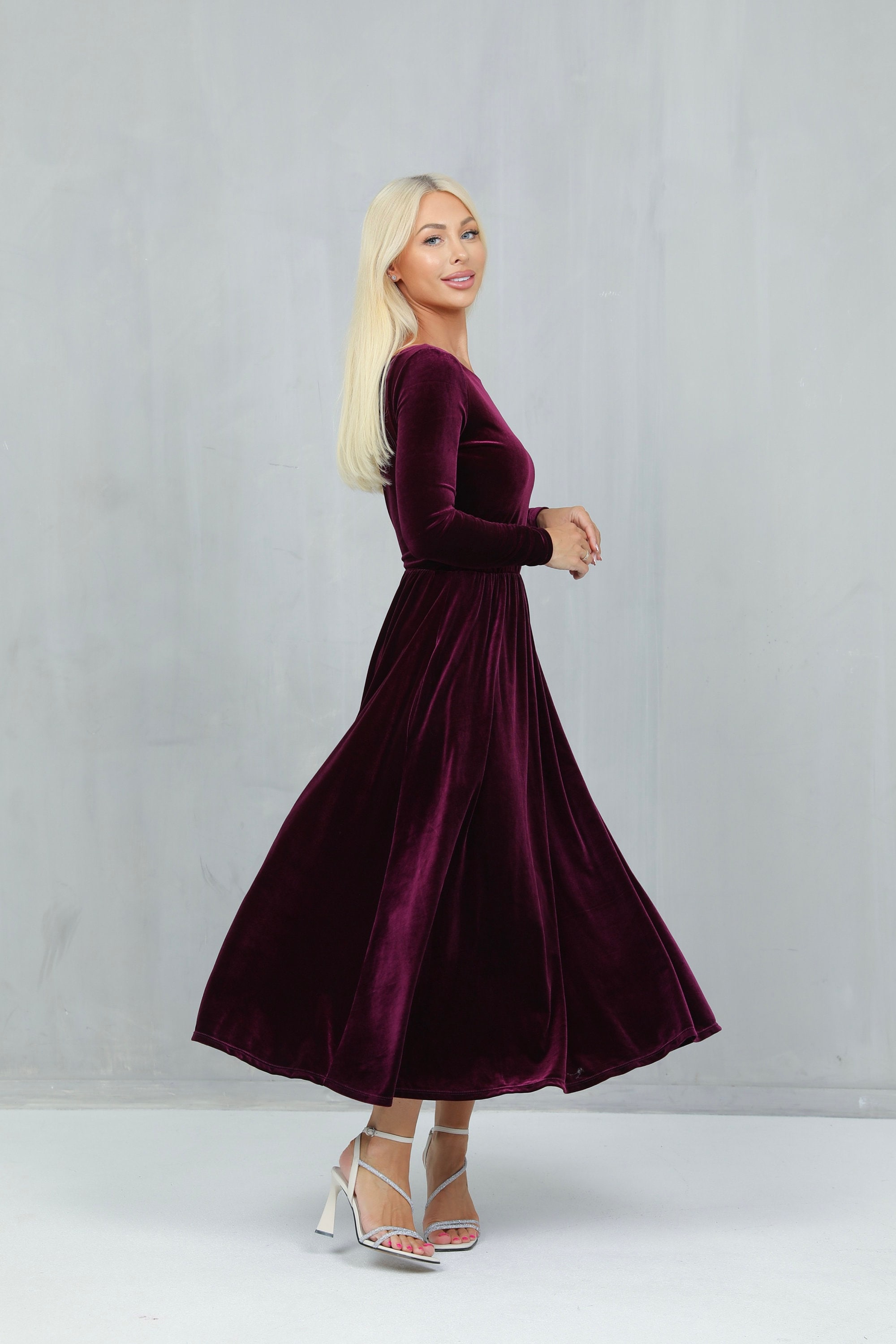 Purple/Black Velvet Formal Dress A Line Long Christmas Party Dress main image 1