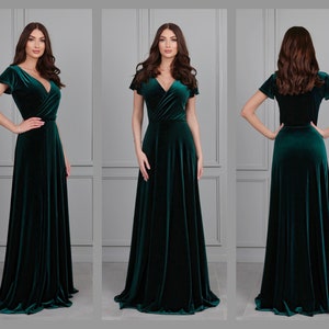 Dark Green Bridesmaid Velvet Dress High Quality Fabric Dress A Line Maxi Gown Dress Wrap Neck Short Sleeves Closed Back