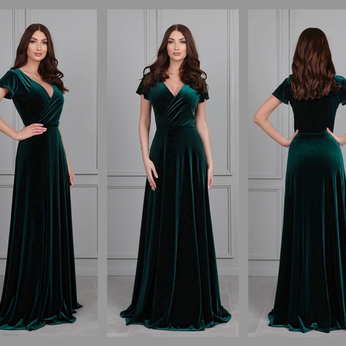 Dark Green Bridesmaid Velvet Dress High Quality Fabric Dress Etsy