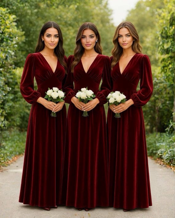 azazie bonnie bridesmaid dress High V-Neck Velvet Bridesmaid Dresses With Sleeves main image 1