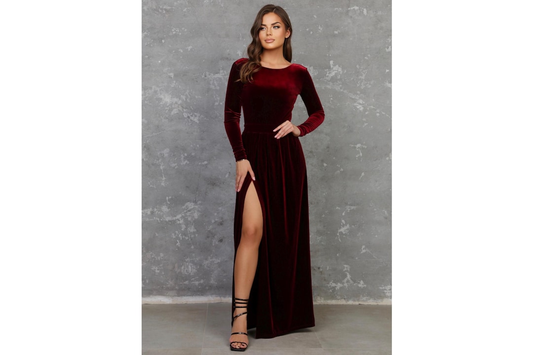 Dark Burgundy Dress, Bridesmaid Dress, Velvet Dress, Deep V Open Back, Long  Sleeve Dress, High Wrap Slit Dress, Evening Gown, Gown Dress - Etsy