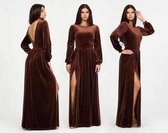 Brown Velvet Dress, Bridesmaid Dress, Velvet Long Dress, Low Back Dress, Long sleeve Dress, Evening Gown, Gown Dress, Modest Dress