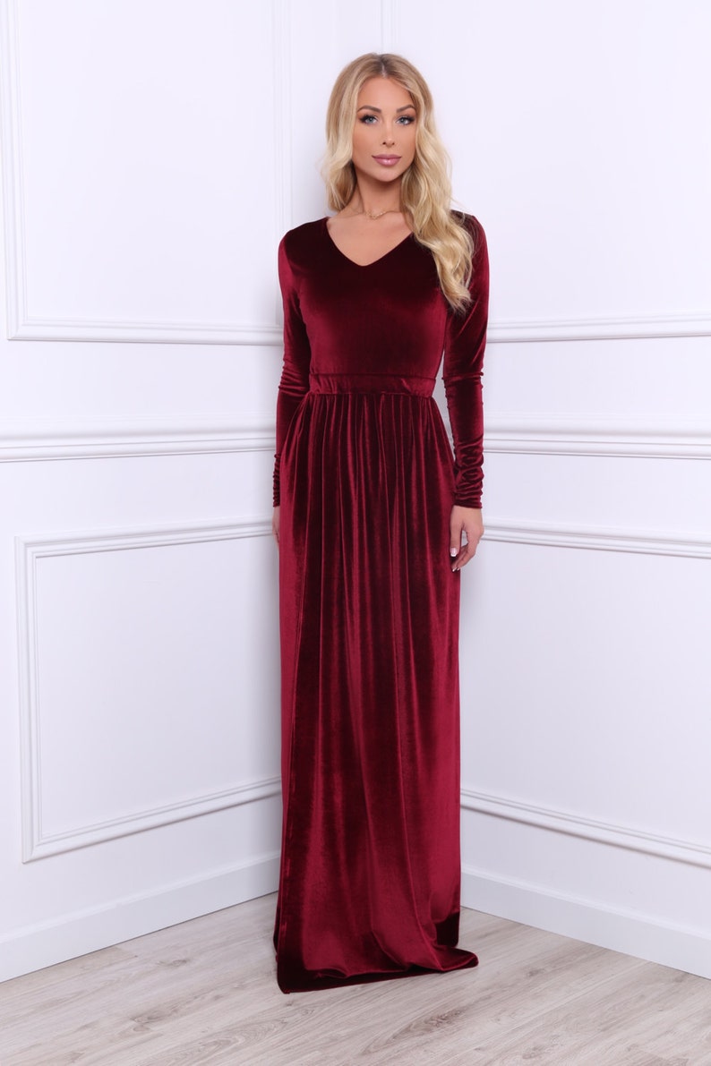 Burgundy Velvet Maxi Elegant Dress V Neck Slit Long Sleeves | Etsy