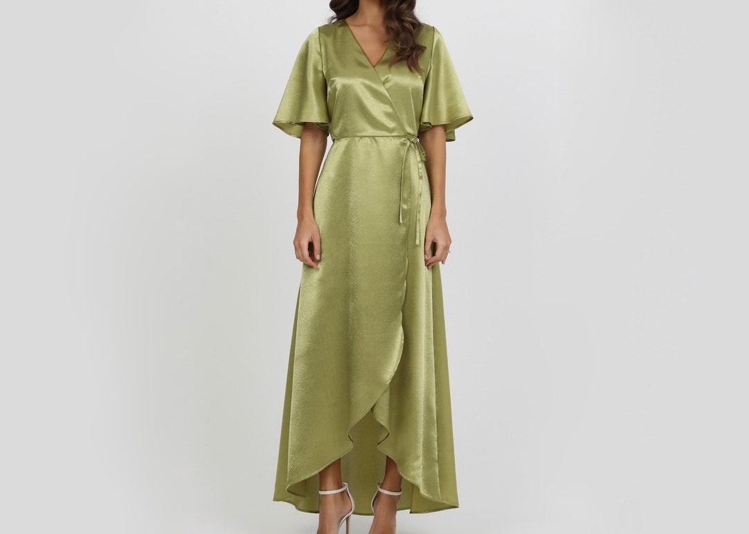 Satin Dress, Bridesmaid Dress, Olive Green Dress, Wrap Dress, Formal ...