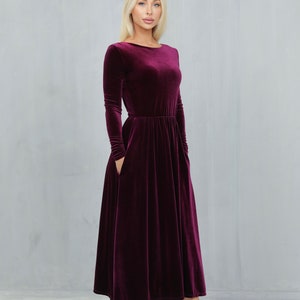 Dark Purple Velvet Dress, Long Sleeve Dress, Midi Dress, Dress With Pockets, Cocktail Dress, Evening Dress, Wedding Guest Dress