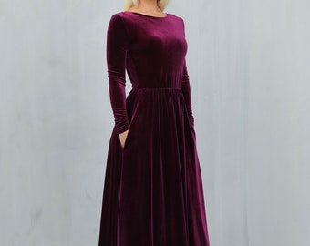 Dark Purple Velvet Dress, Long Sleeve Dress, Midi Dress, Dress With Pockets, Cocktail Dress, Evening Dress, Wedding Guest Dress