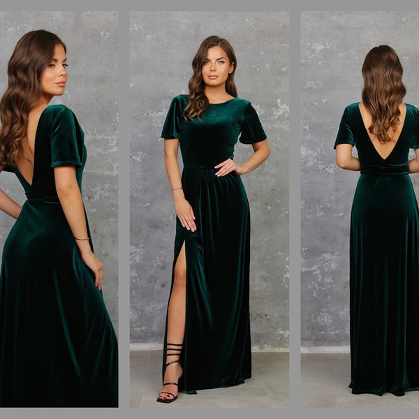 Velvet V-neck Flutter Sleeves Dress With Slit Olive Green main image 0