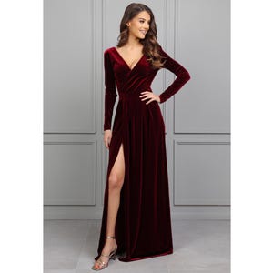 Burgundy Velvet Bridesmaid Maxi Dress, Backless Dress Long Sleeve Fall Dress, Winter Formal Dress, Wedding Guest Dress Winter