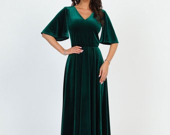 Dark Green Emerald Velvet Dress, Bridesmaid Dress, Wedding Guest Dress, Modest Dress, Evening Gown, Maxi Dress, Elegant Dress, Formal Dress