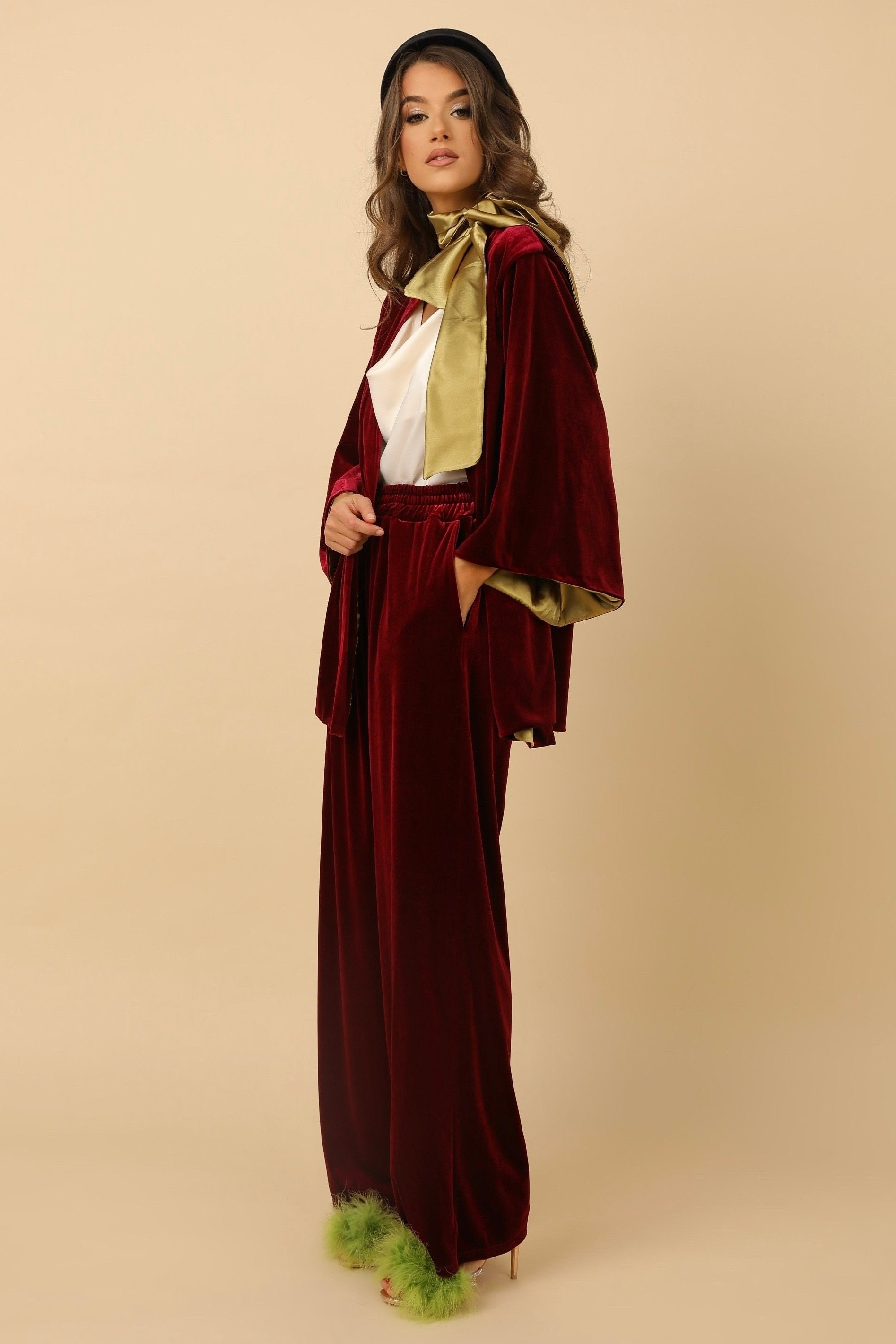 Velvet Women Pants Burgundy Color Velvet Trousers