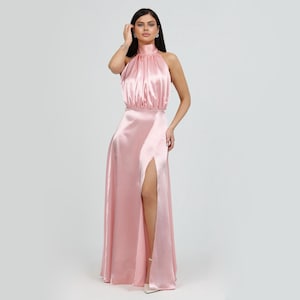 Light Pink Bridesmaid Dress, Halter Dress, Satin Bridesmaid Dress, Wedding Guest Dress, Backless Dress, Long Satin Dress