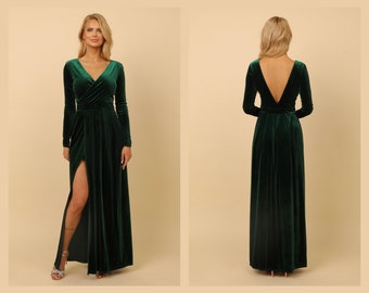 Dark Emerald Green Velvet Dress, Bridesmaid Dress, Wedding Guest Dress, Low Back Dress, Evening Dress, Velvet Long Dress, Formal Dress