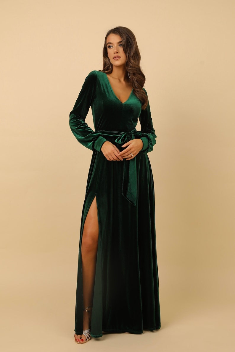 Dark Emerald Green Bridesmaid Dress, Velvet Dress, Evening Dress, Slit Dress, Wedding Guest Dress, Velvet Long Dress, Reception Dress image 1