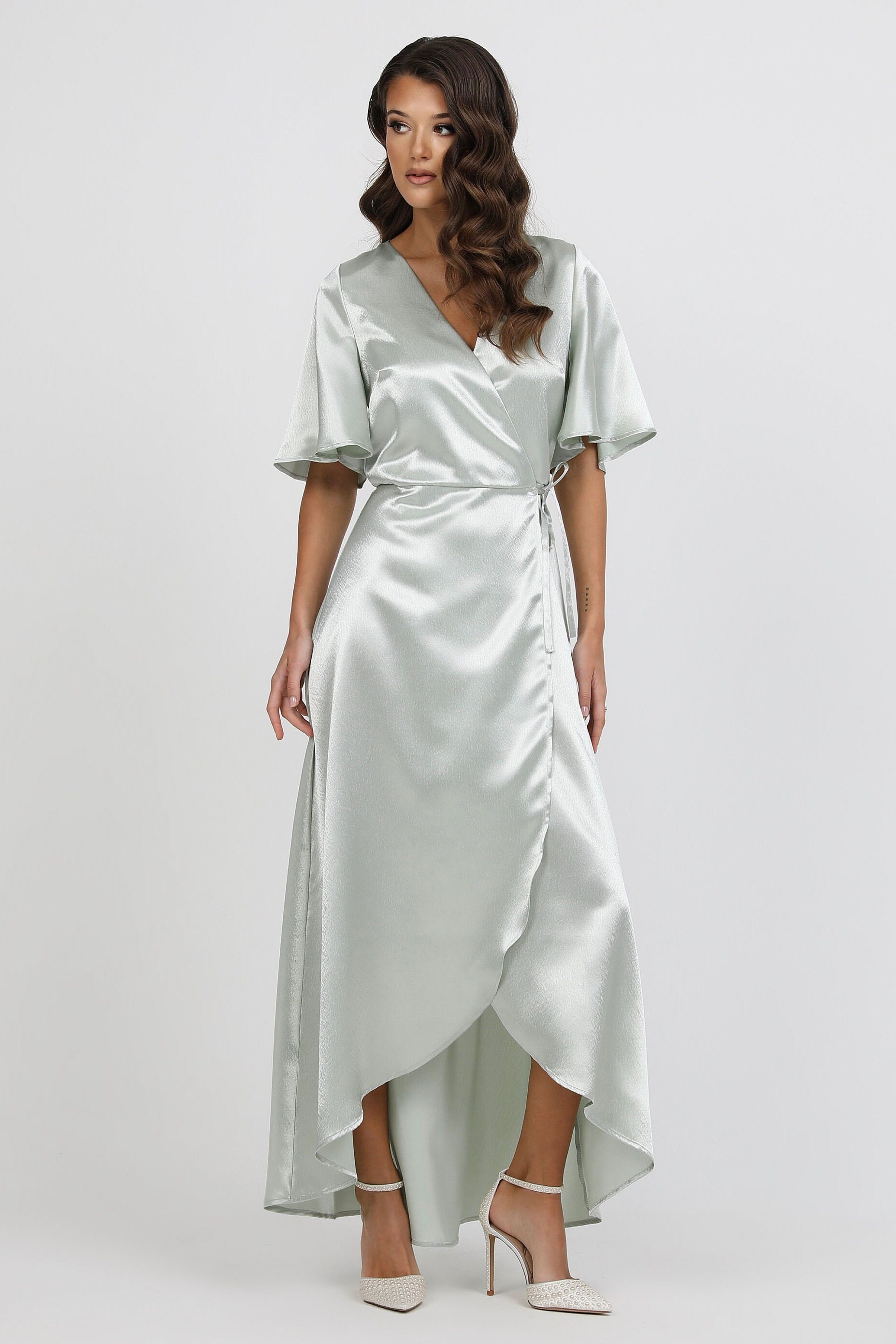 sage green wrap dress bridesmaid Light Dress, Satin Dezsed Summer Dresses for Size:UK 6.5 Features include msku::124370