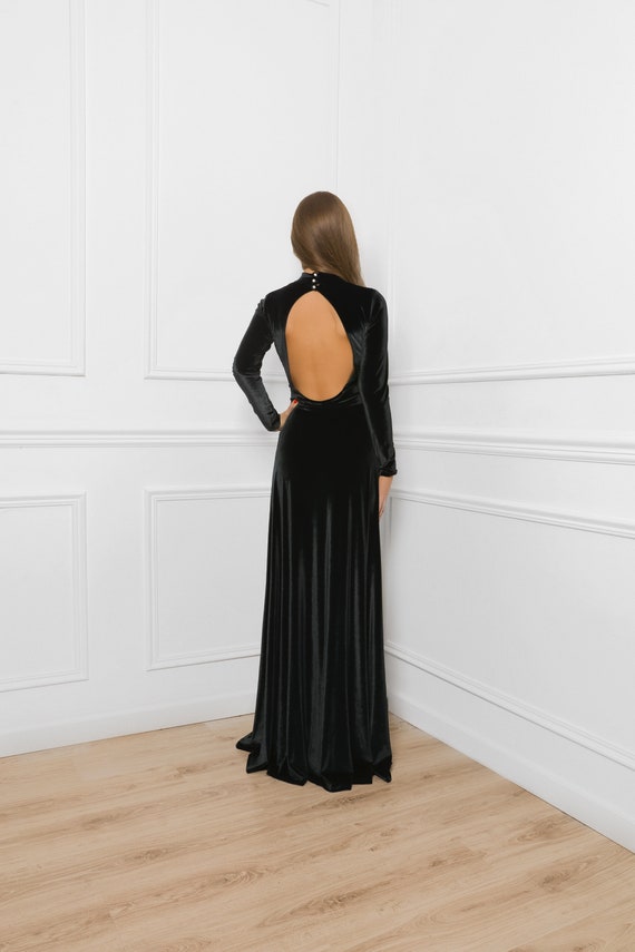 high neck black velvet dress